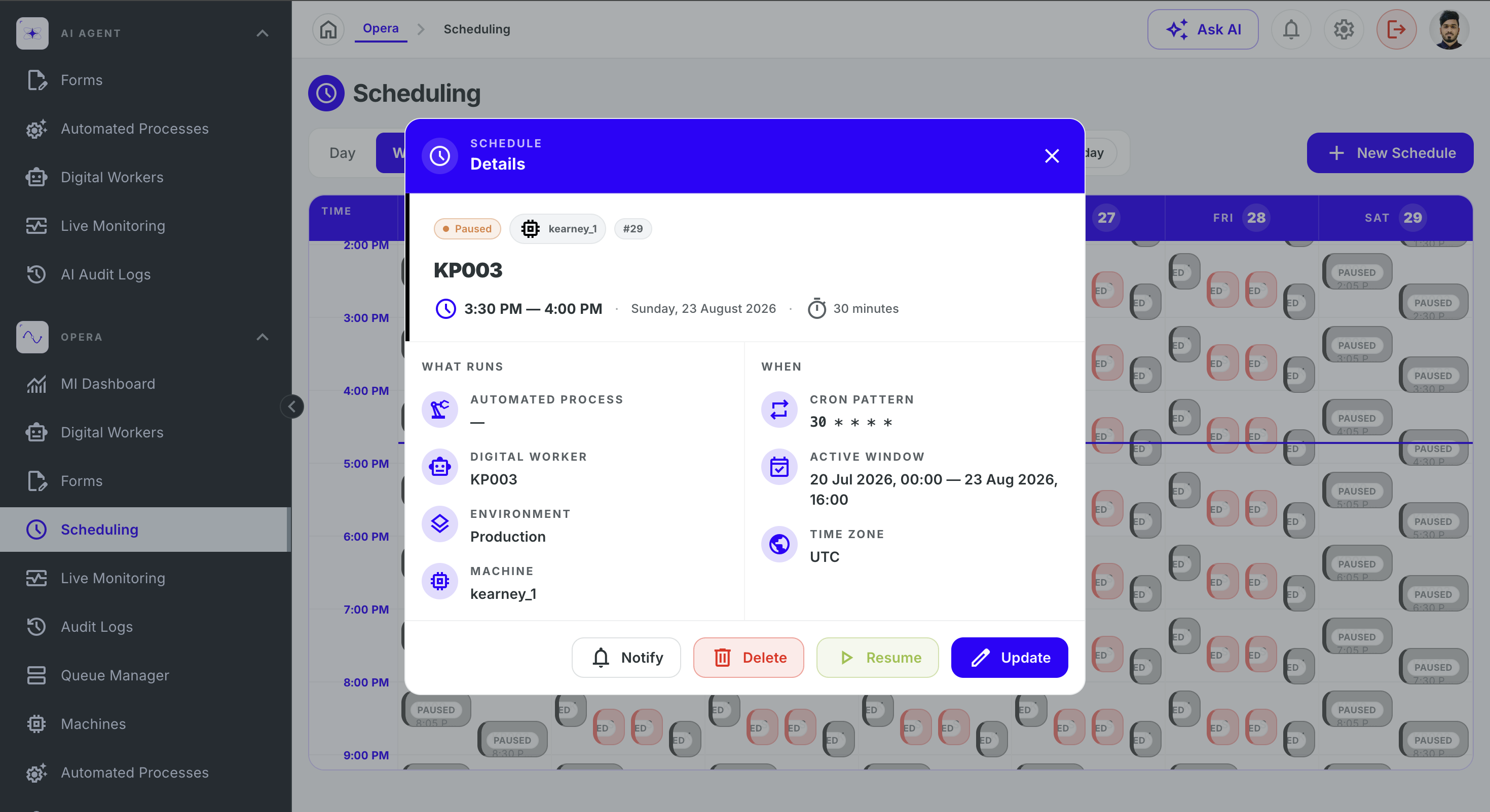 Scheduling calendar with a schedule details modal for digital worker KP003 on machine kearney_1